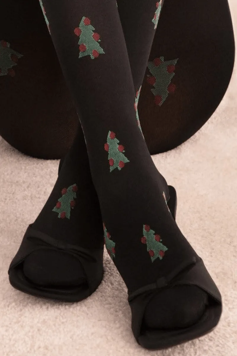 Black Tights | Patterned Tights>FiORE So Quiet Christmas Tree Pattern Tights 60 Denier Black
