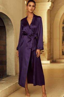 Silk Nightwear | Kimonos & Robes>Marjolaine Sophia Long Silk Kimono Plum