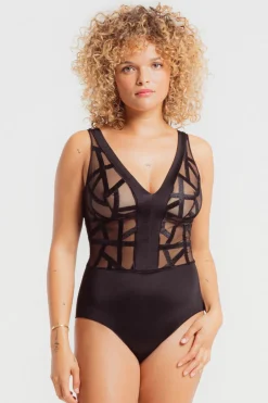 Luxury French Lingerie | Bodysuits & Playsuits>Louisa Bracq Série V Neckline Embroidery Bodysuit Black