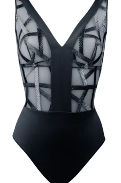 Luxury French Lingerie | Bodysuits & Playsuits>Louisa Bracq Série V Neckline Embroidery Bodysuit Black