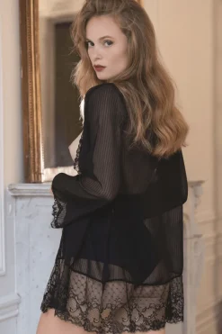 Kimonos & Robes | Sexy Lingerie>Cadolle Striped Chiffon & Lace Kimono Black