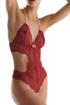 Red Lingerie | Pearl Thong Bodysuits>Bracli Sydney Daisy Double Pearl Body Red