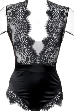 Sheer Lingerie | Bodysuits & Playsuits>Prelude The Swan Long Sleeve Body, Size S (UK 8) Black