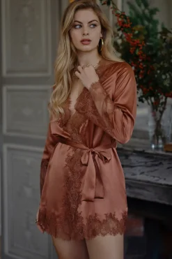 Kimonos & Robes | Silk Nightwear>Marjolaine Valerie Short Silk Kimono with Lace Tobacco/Brown