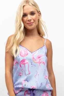 Pyjama Tops | £30 And Under>Cyberjammies Zoey Flamingo Print Cami, Size UK 8 Blue